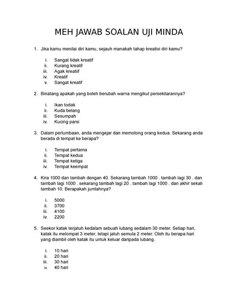 Contoh Soalan Uji Minda Dan Jawapan Image